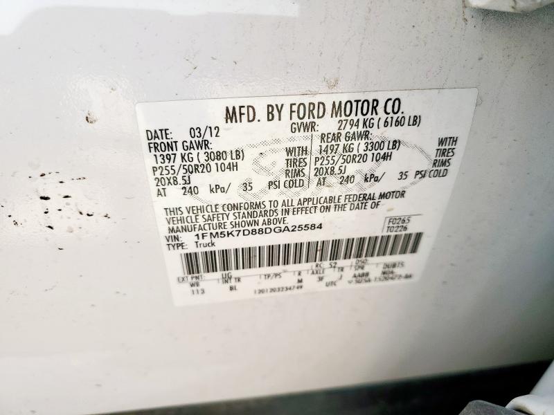 1FM5K7D88DGA25584 - 2013 FORD EXPLORER XLT WHITE photo 13