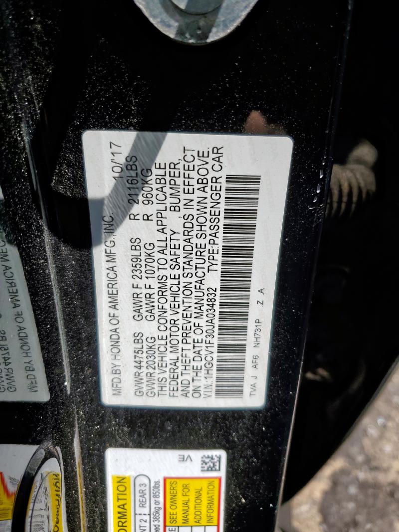 1HGCV1F30JA034832 - 2018 HONDA ACCORD SPORT أسود صورة 12