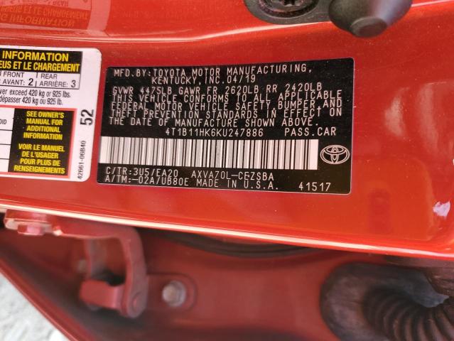 4T1B11HK6KU247886 - 2019 TOYOTA CAMRY L 红色 照片 12