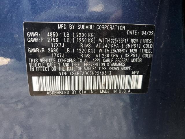 4S4BTADC5N3240513 - 2022 SUBARU OUTBACK PREMIUM BLUE photo 13