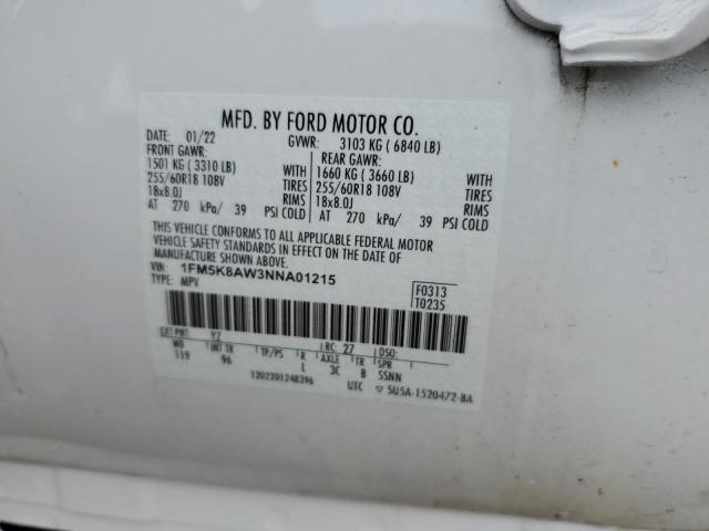 1FM5K8AW3NNA01215 - 2022 FORD EXPLORER POLICE INTERCEPTOR 白色 照片 12