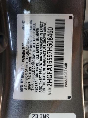 2HGFA16597H508460 - 2007 HONDA CIVIC LX GRAY photo 12