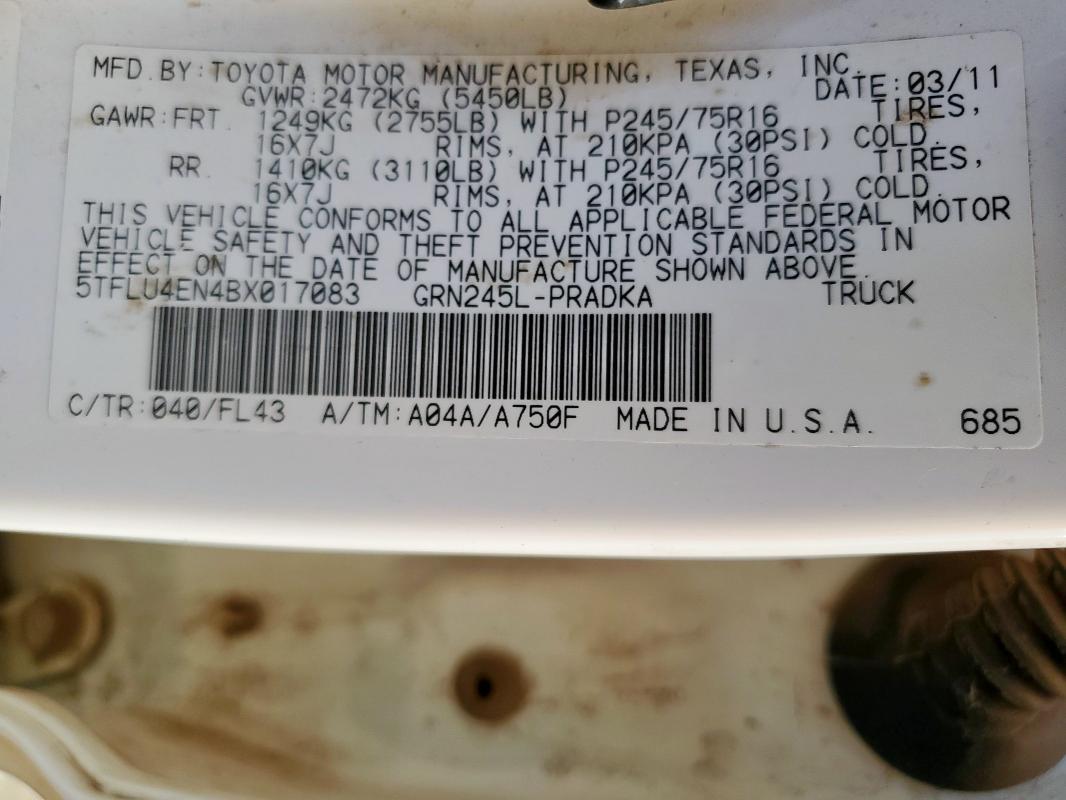 5TFLU4EN4BX017083 - 2011 TOYOTA TACOMA DOUBLE CAB თეთრი ფოტო 12