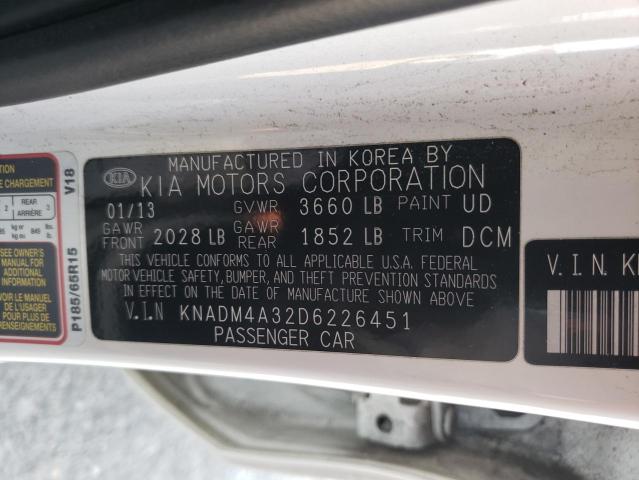 KNADM4A32D6226451 - 2013 KIA RIO LX WHITE photo 13