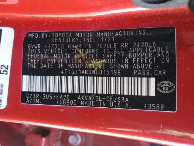 4T1G11AK3NU015198 - 2022 TOYOTA CAMRY SE 红色 照片 12