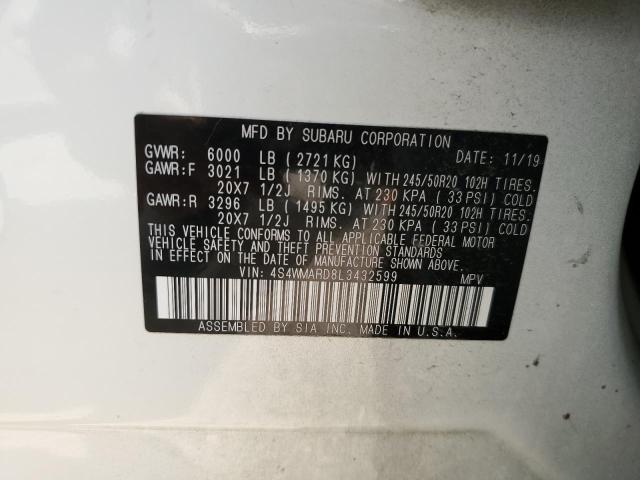 4S4WMARD8L3432599 - 2020 SUBARU ASCENT TOURING WHITE photo 12