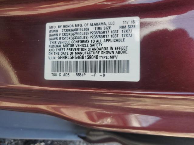 5FNRL5H64GB159040 - 2016 HONDA ODYSSEY EXL BURGUNDY photo 13
