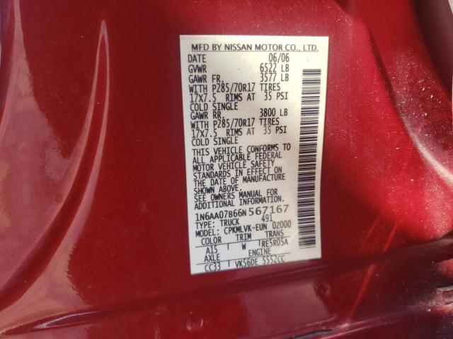 1N6AA07B66N567167 - 2006 NISSAN TITAN XE MAROON photo 12