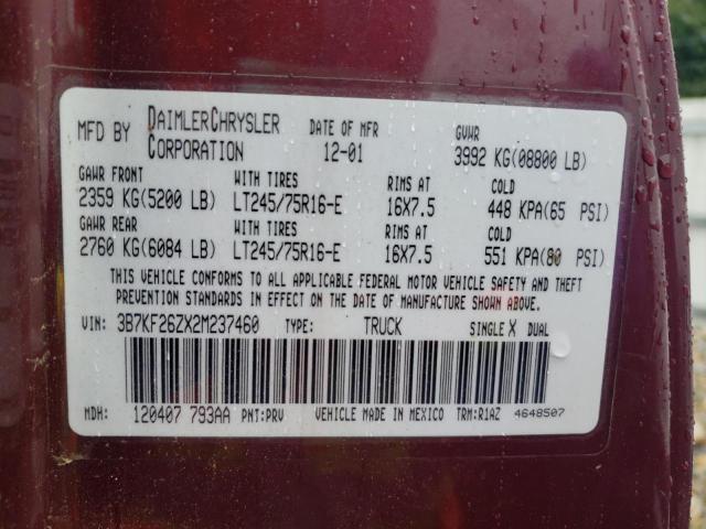 3B7KF26ZX2M237460 - 2002 DODGE RAM 2500 RED photo 13