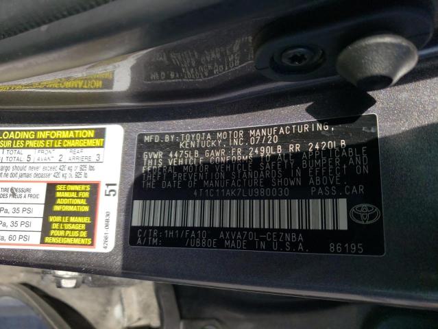 4T1C11AK7LU980030 - 2020 TOYOTA CAMRY LE CHARCOAL photo 12