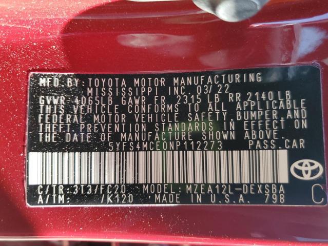 5YFS4MCE0NP112273 - 2022 TOYOTA COROLLA SE წითელი ფოტო 12