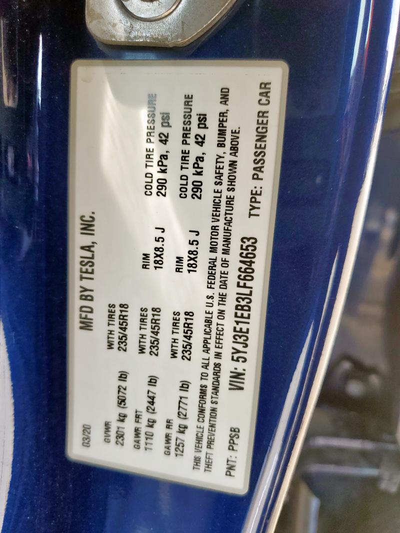 5YJ3E1EB3LF664653 - 2020 TESLA MODEL 3 BLUE photo 12
