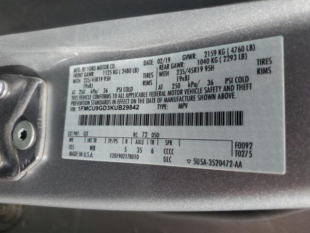 1FMCU9GD3KUB29842 - 2019 FORD ESCAPE SE 银色 照片 12