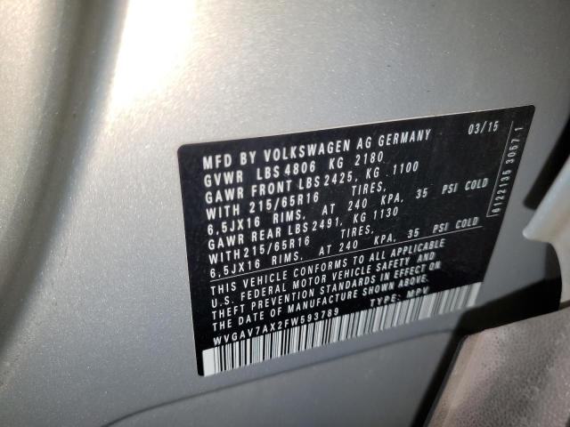 WVGAV7AX2FW593789 - 2015 VOLKSWAGEN TIGUAN S SILVER photo 13