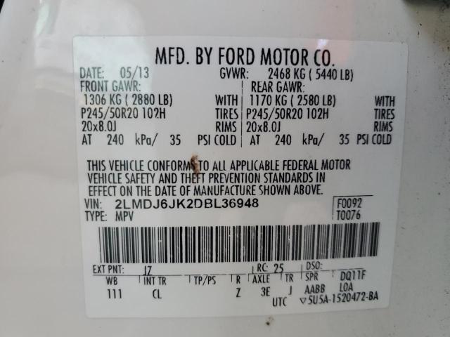 2LMDJ6JK2DBL36948 - 2013 LINCOLN MKX WHITE photo 13