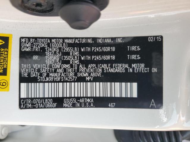 5TDJKRFH9FS142577 - 2015 TOYOTA HIGHLANDER XLE WHITE photo 13