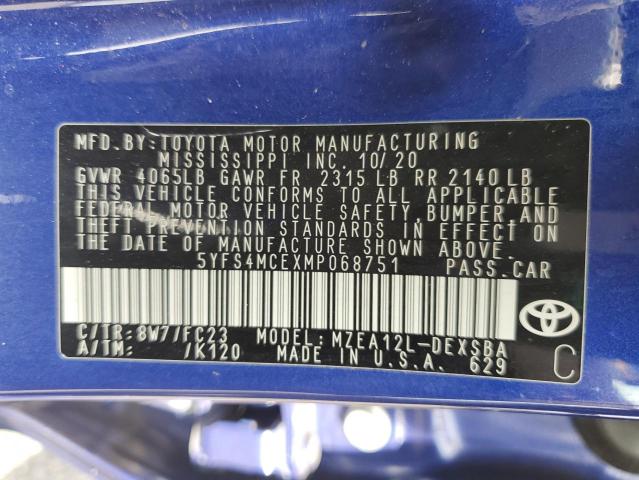 5YFS4MCEXMP068751 - 2021 TOYOTA COROLLA SE BLUE photo 13