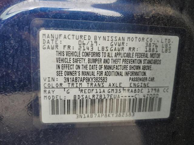 3N1AB7AP8KY382583 - 2019 NISSAN SENTRA S BLUE photo 12
