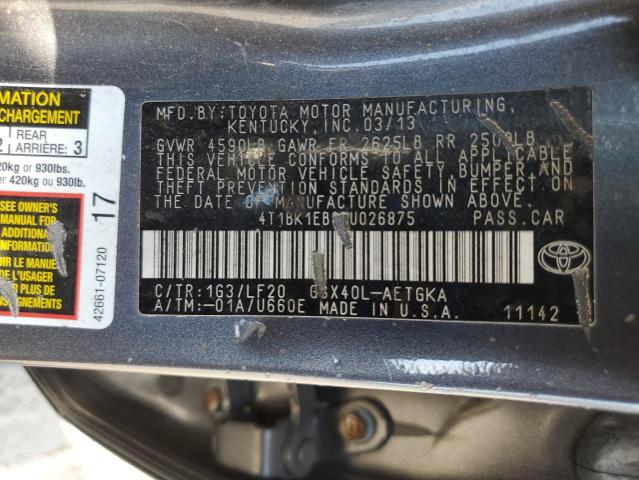 4T1BK1EB8DU026875 - 2013 TOYOTA AVALON BASE Մոխրագույն լուսանկար 12