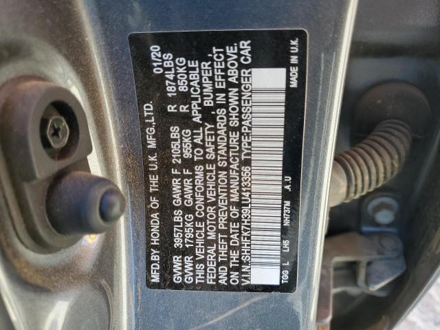 SHHFK7H39LU413356 - 2020 HONDA CIVIC LX ნაცრისფერი ფოტო 12