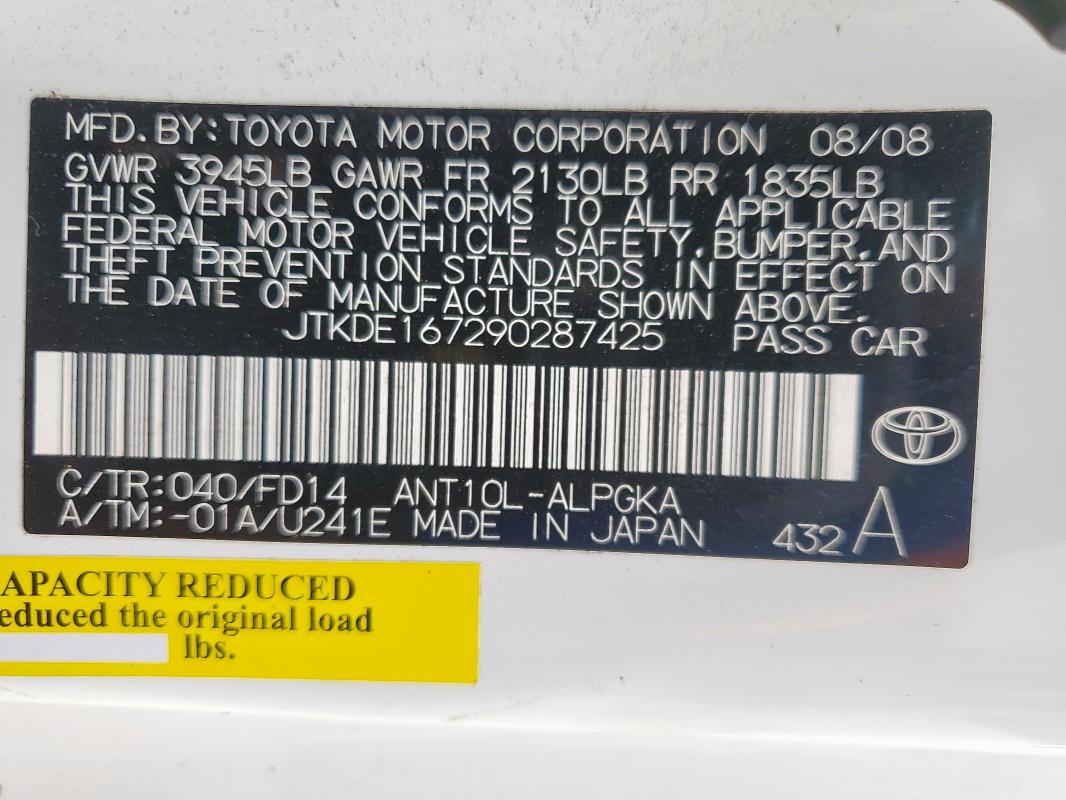 JTKDE167290287425 - 2009 TOYOTA SCION TC WHITE photo 12