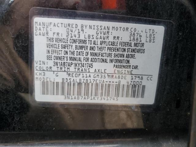 3N1AB7AP1KY341745 - 2019 NISSAN SENTRA S BLACK photo 12