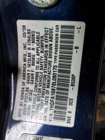 1HGFA16878L080175 - 2008 HONDA CIVIC EX BLUE photo 12