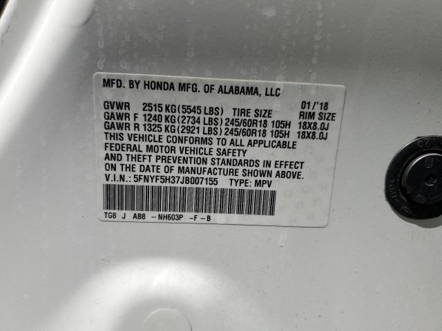 5FNYF5H37JB007155 - 2018 HONDA PILOT EX WHITE photo 13