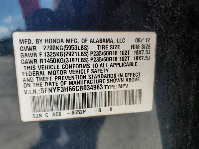 5FNYF3H66CB034963 - 2012 HONDA PILOT EXL ლურჯი ფოტო 13