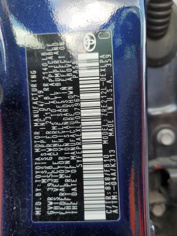 5YFEPRAEXLP007967 - 2020 TOYOTA COROLLA LE 蓝色 照片 12