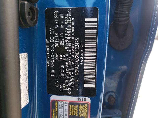 3KPA24AD6ME423475 - 2021 KIA RIO LX BLUE photo 12