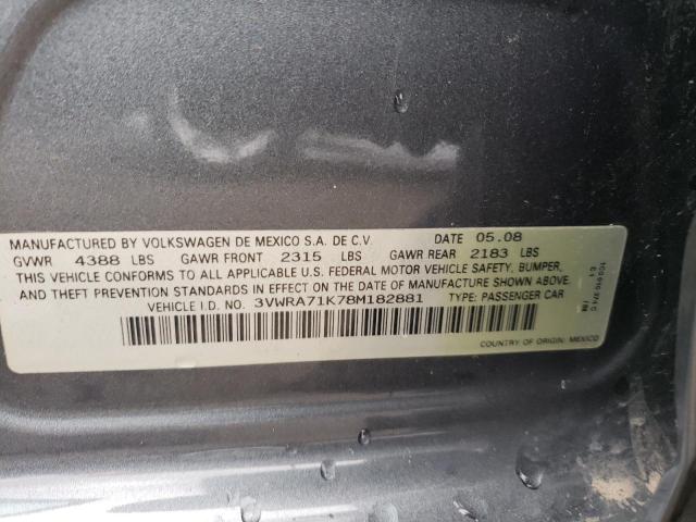 3VWRA71K78M182881 - 2008 VOLKSWAGEN JETTA WOLFSBURG 灰色 照片 12