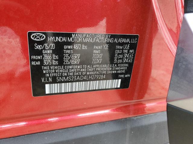 5NMS23AD4LH279284 - 2020 HYUNDAI SANTA FE SE RED photo 12