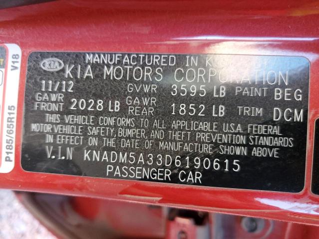 KNADM5A33D6190615 - 2013 KIA RIO LX RED photo 13