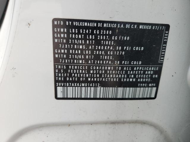 3VV1B7AX6JM014312 - 2018 VOLKSWAGEN TIGUAN S 白色 照片 13