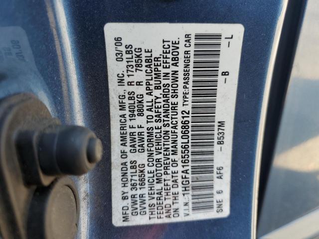 1HGFA16556L068612 - 2006 HONDA CIVIC LX BLUE photo 12