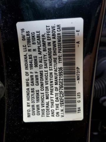 19XFC2F76GE219936 - 2016 HONDA CIVIC EX BLACK photo 12