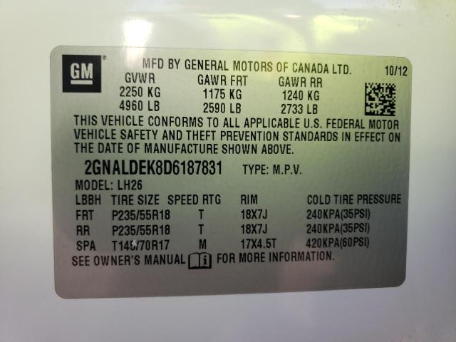 2GNALDEK8D6187831 - 2013 CHEVROLET EQUINOX LT WHITE photo 12