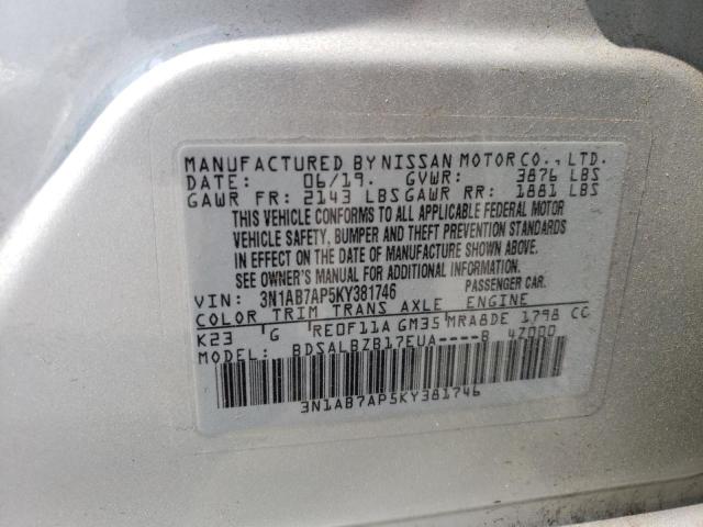 3N1AB7AP5KY381746 - 2019 NISSAN SENTRA S SILVER photo 12