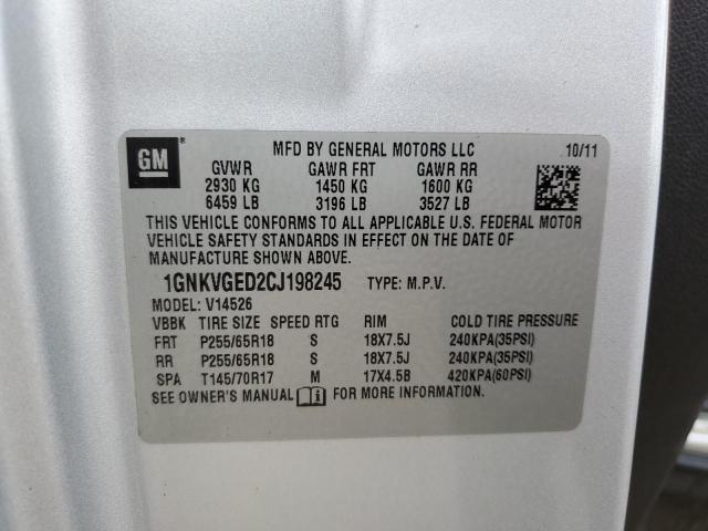 1GNKVGED2CJ198245 - 2012 CHEVROLET TRAVERSE LT SILVER photo 12