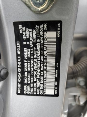 SHHFK7H49KU412456 - 2019 HONDA CIVIC SPORT SILVER photo 12
