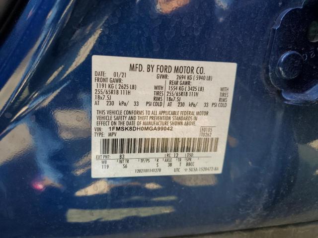 1FMSK8DH0MGA99042 - 2021 FORD EXPLORER XLT ლურჯი ფოტო 13