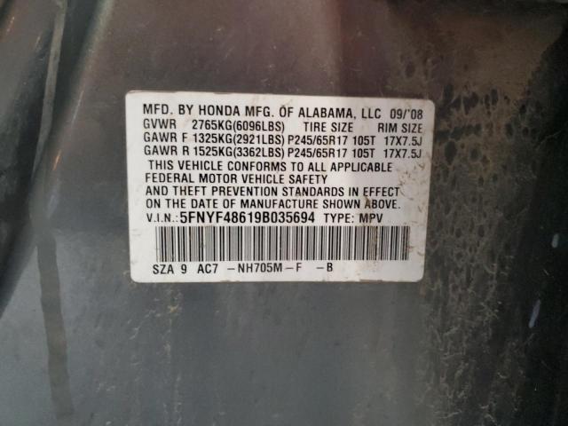 5FNYF48619B035694 - 2009 HONDA PILOT EXL GRAY photo 13