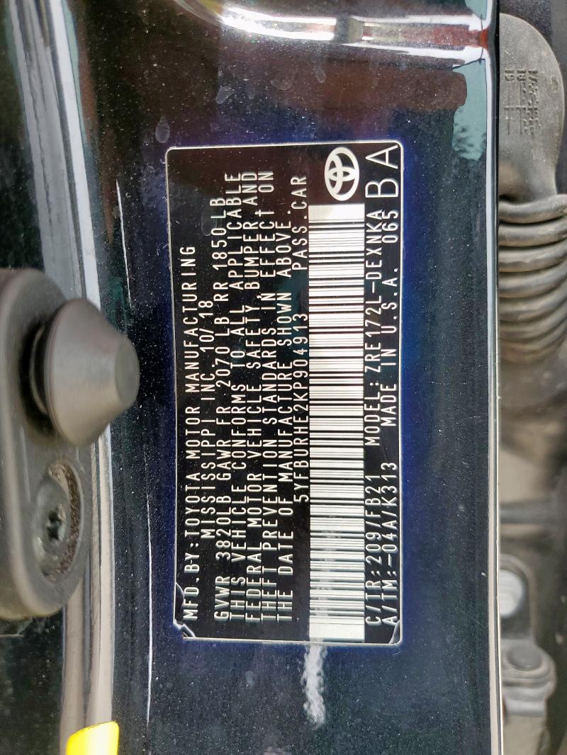 5YFBURHE2KP904913 - 2019 TOYOTA COROLLA L BLACK photo 12