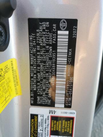 4T4BF3EK6BR193951 - 2011 TOYOTA CAMRY BASE SILVER photo 12