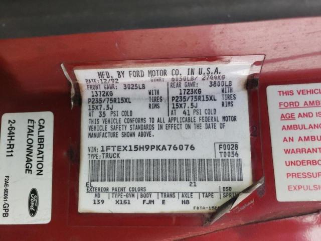 1FTEX15H9PKA76076 - 1993 FORD F150 RED photo 10