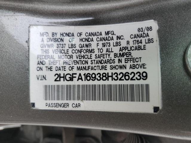 2HGFA16938H326239 - 2008 HONDA CIVIC EXL GRAY photo 12