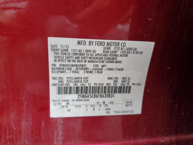 2FMGK5C86FBA20831 - 2015 FORD FLEX SEL RED photo 13