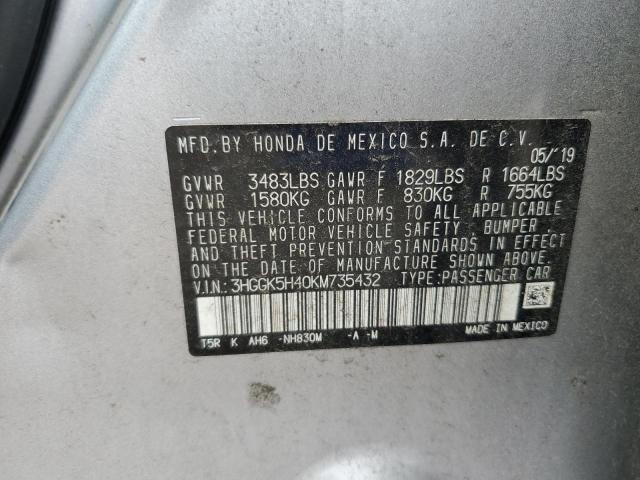 3HGGK5H40KM735432 - 2019 HONDA FIT LX SILVER photo 12