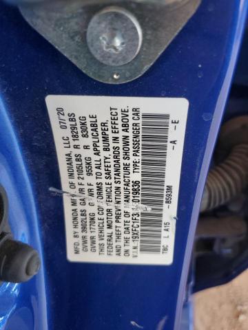 19XFC1F38LE019836 - 2020 HONDA CIVIC EX ლურჯი ფოტო 12